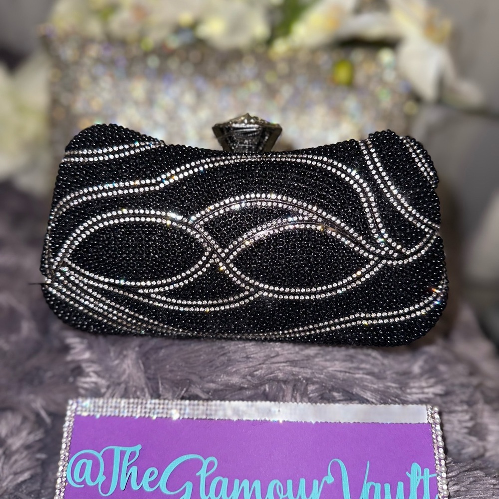 🔥Black&Silver NWT Holly Rhinestone &Bead Evening Clutch w/Long Silvertone Chain